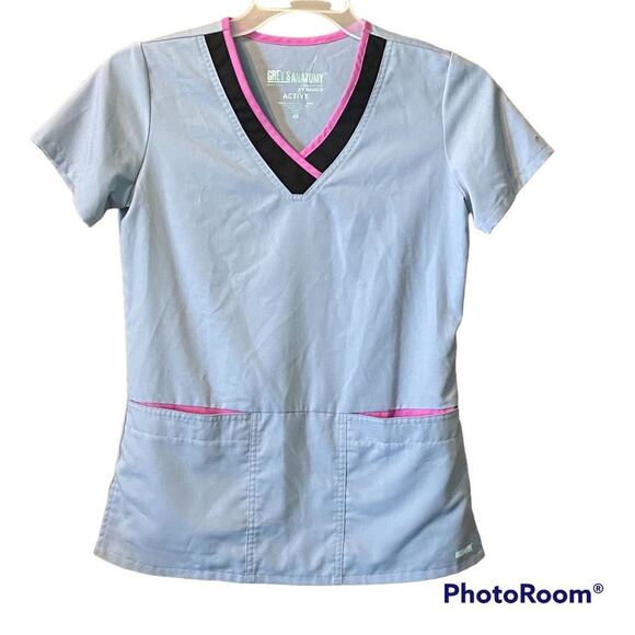 Greys Anatomy Scrub Top XS Womens Pocket Modern Fit Mock Wrap Soft Comfort - Picture 1 of 9